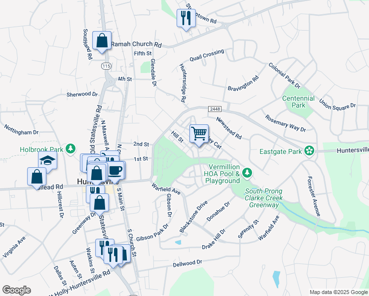 map of restaurants, bars, coffee shops, grocery stores, and more near Alley 4th in Huntersville