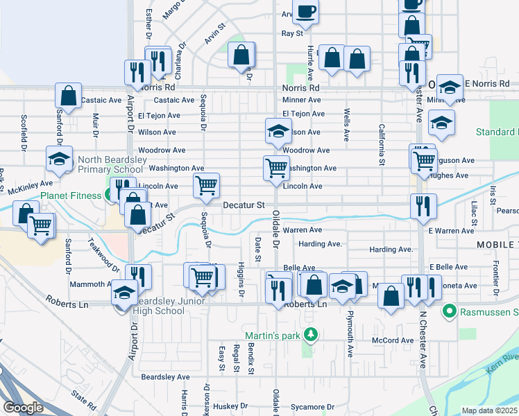 map of restaurants, bars, coffee shops, grocery stores, and more near 511 Decatur Street in Bakersfield