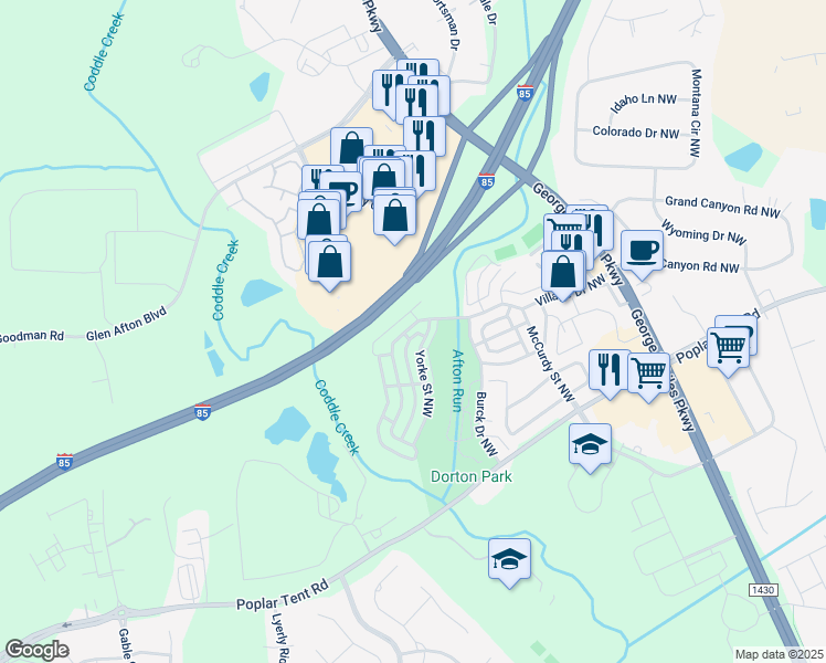 map of restaurants, bars, coffee shops, grocery stores, and more near 5951 Village Drive Northwest in Concord