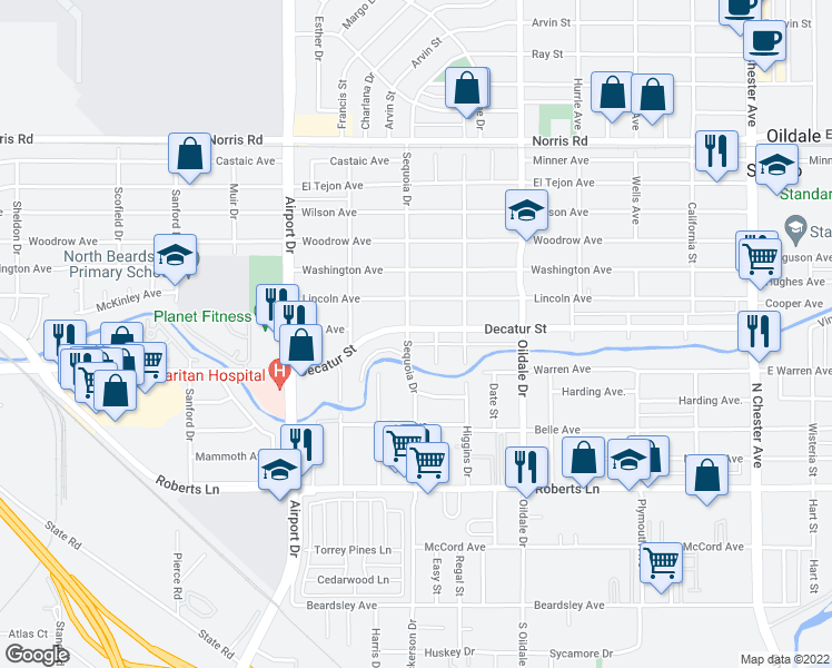 map of restaurants, bars, coffee shops, grocery stores, and more near 619 Decatur Street in Bakersfield