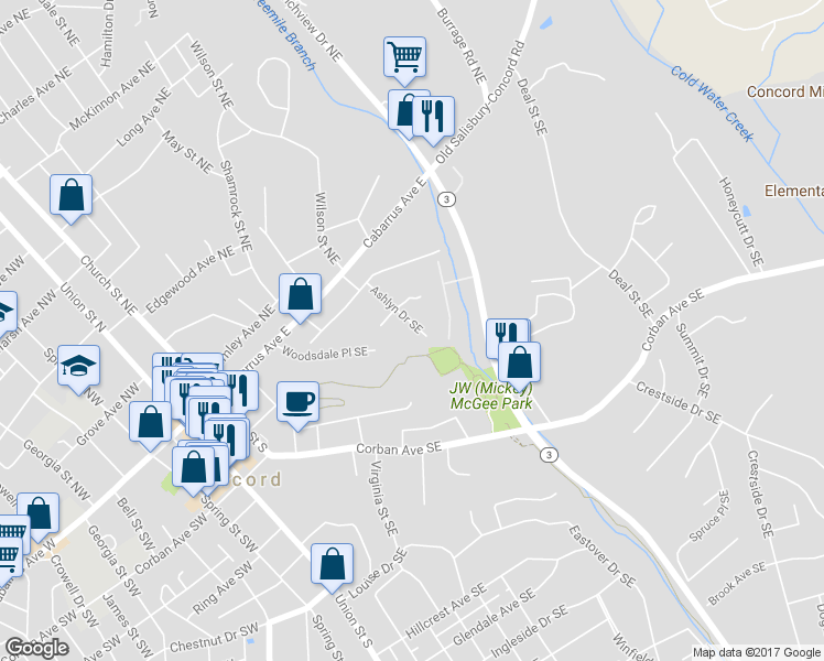 map of restaurants, bars, coffee shops, grocery stores, and more near 80 Ashlyn Drive Southeast in Concord