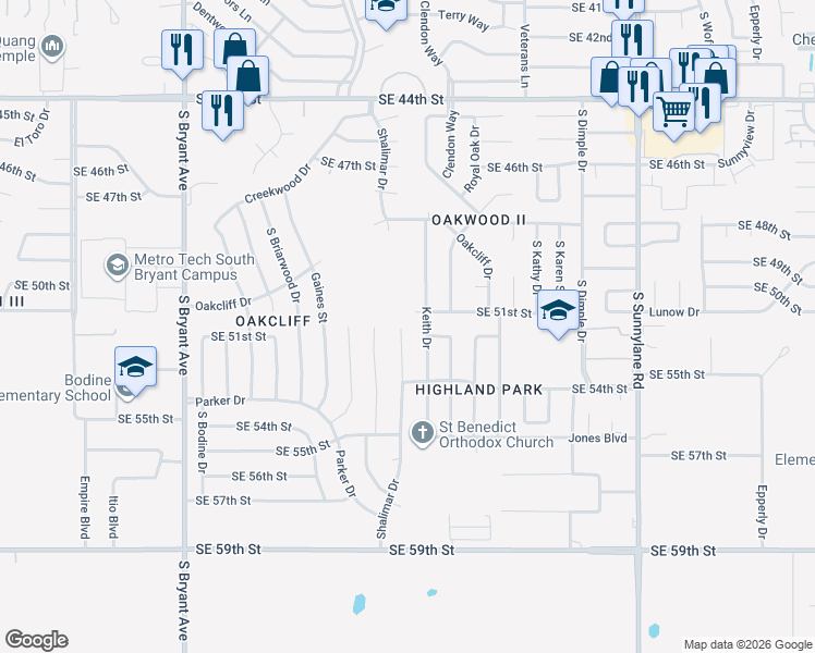 map of restaurants, bars, coffee shops, grocery stores, and more near 5200 Shalimar Drive in Oklahoma City