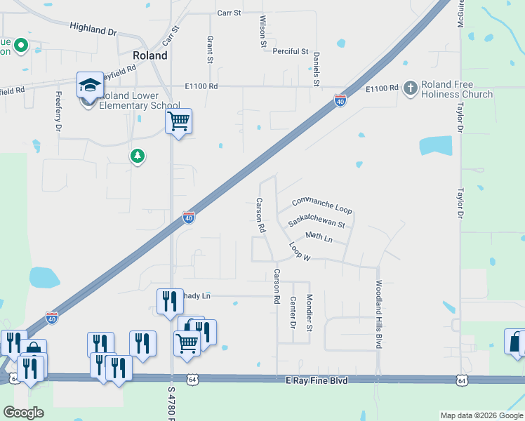 map of restaurants, bars, coffee shops, grocery stores, and more near 600 Carson Road in Roland