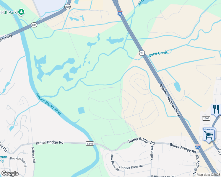 map of restaurants, bars, coffee shops, grocery stores, and more near 329 Tap Root Lane in Fletcher