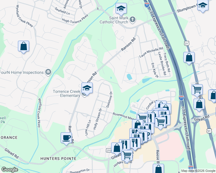 map of restaurants, bars, coffee shops, grocery stores, and more near 13705 Delstone Drive in Huntersville