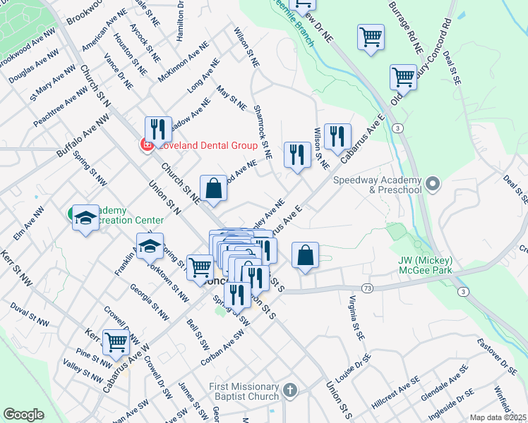 map of restaurants, bars, coffee shops, grocery stores, and more near 95 Brumley Avenue Northeast in Concord