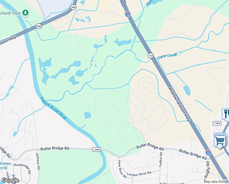 map of restaurants, bars, coffee shops, grocery stores, and more near 329 Tap Root Lane in Fletcher