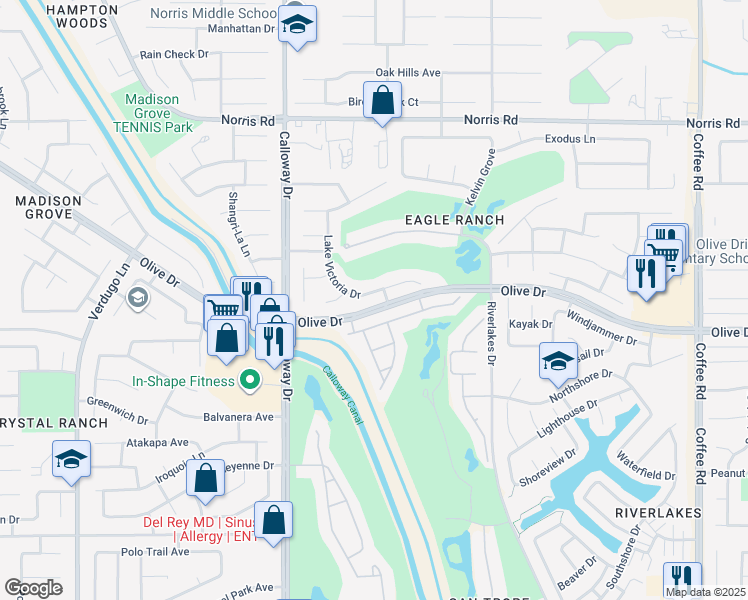 map of restaurants, bars, coffee shops, grocery stores, and more near 9311 Lake Victoria Drive in Bakersfield