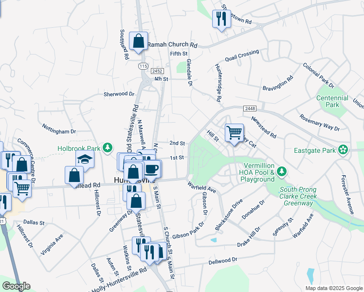 map of restaurants, bars, coffee shops, grocery stores, and more near 503 Huntersville-Concord Road in Huntersville