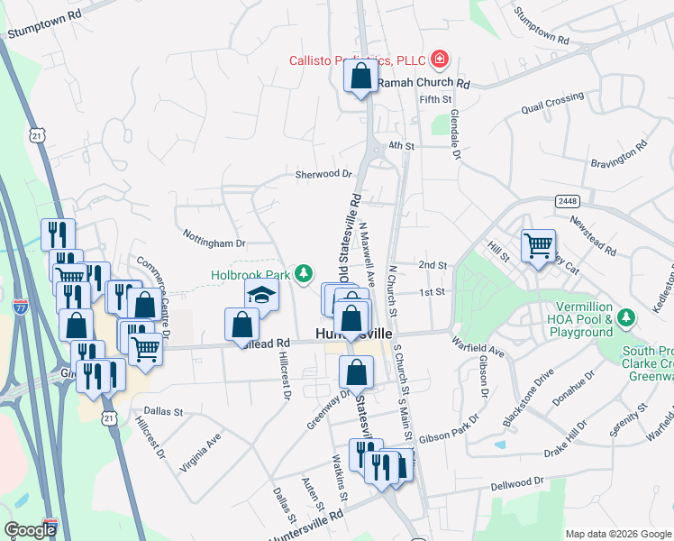 map of restaurants, bars, coffee shops, grocery stores, and more near 115 North Old Statesville Road in Huntersville