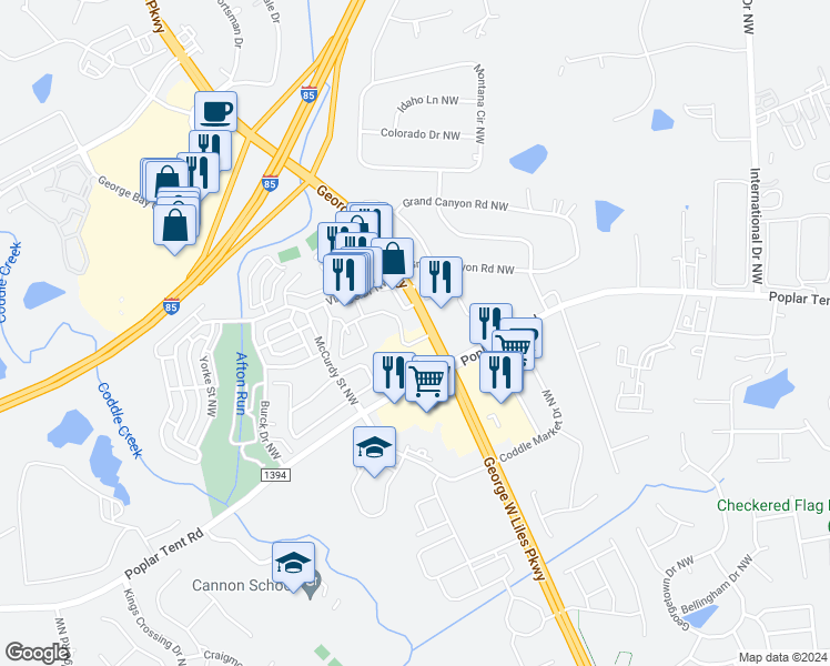 map of restaurants, bars, coffee shops, grocery stores, and more near 375 Exchange Street Northwest in Concord