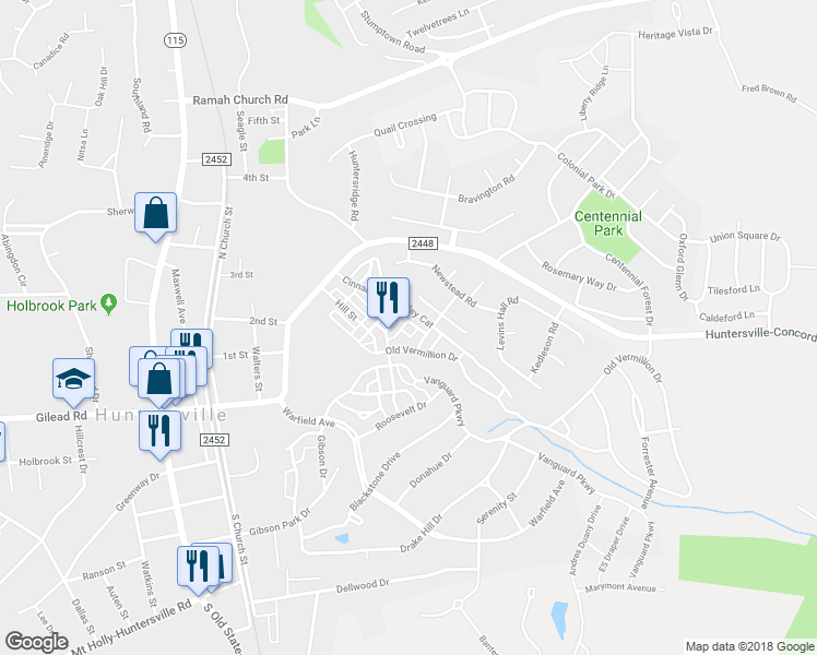 map of restaurants, bars, coffee shops, grocery stores, and more near 12332 Carrigan Court in Huntersville