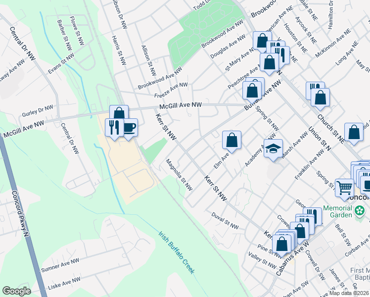 map of restaurants, bars, coffee shops, grocery stores, and more near 238 Buffalo Avenue Northwest in Concord