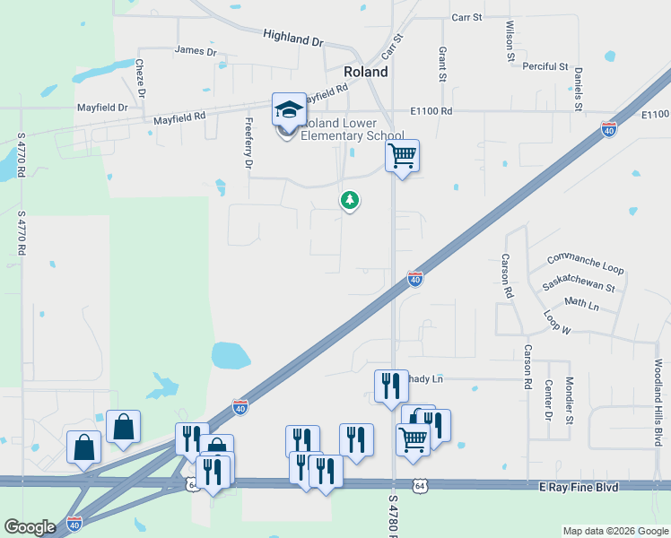 map of restaurants, bars, coffee shops, grocery stores, and more near 378 Creek Street in Roland