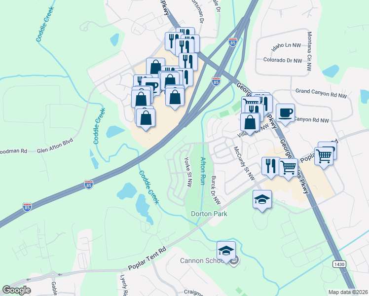 map of restaurants, bars, coffee shops, grocery stores, and more near 5951 Village Drive Northwest in Concord