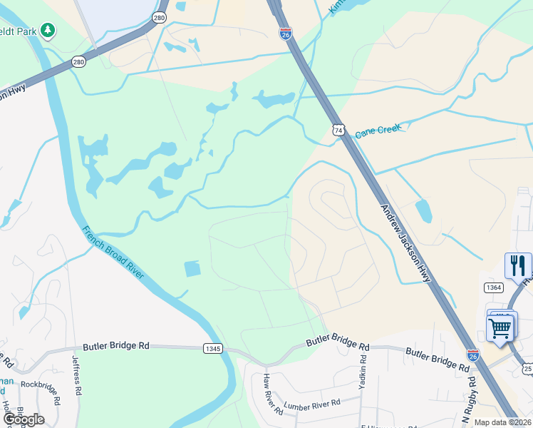 map of restaurants, bars, coffee shops, grocery stores, and more near 329 Tap Root Lane in Fletcher