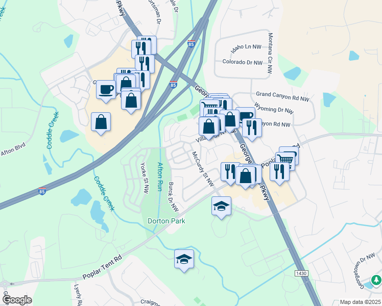 map of restaurants, bars, coffee shops, grocery stores, and more near 89 McCurdy Street Northwest in Concord