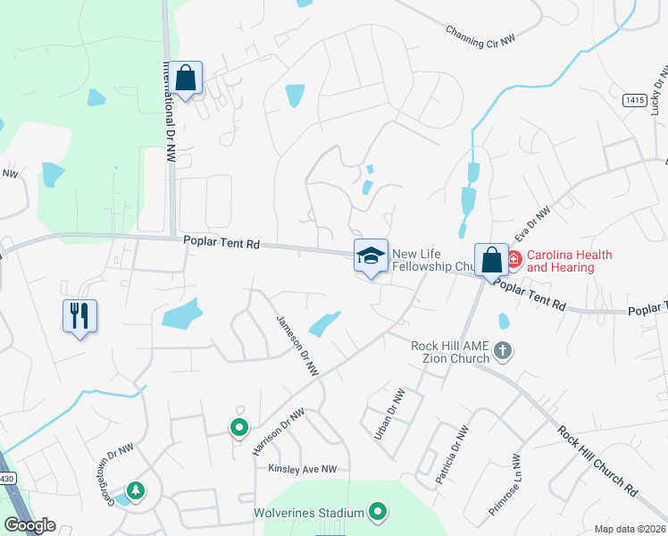 map of restaurants, bars, coffee shops, grocery stores, and more near 4123 Poplar Tent Road in Concord