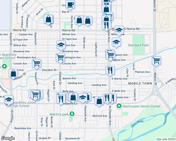 map of restaurants, bars, coffee shops, grocery stores, and more near 213 Decatur St in Bakersfield