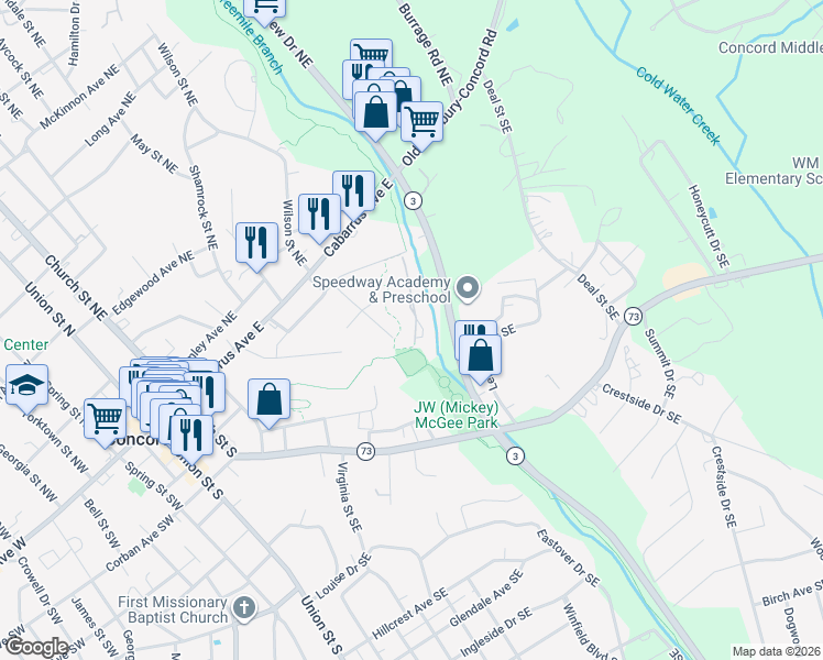 map of restaurants, bars, coffee shops, grocery stores, and more near 354 Valley Brook Lane Southeast in Concord