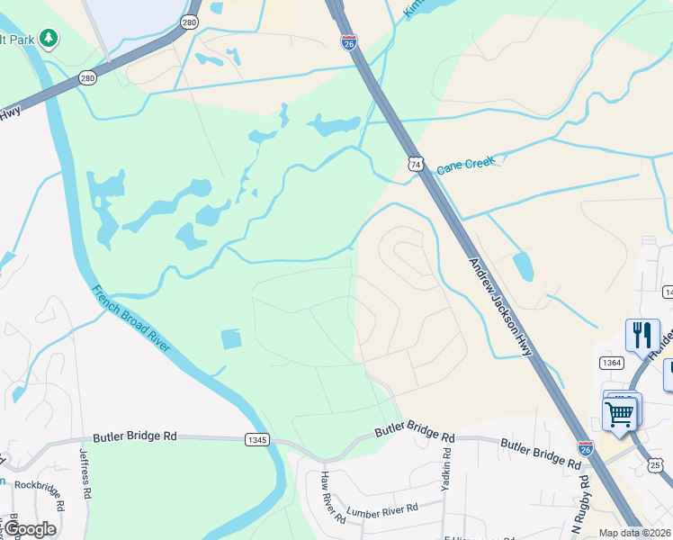 map of restaurants, bars, coffee shops, grocery stores, and more near 321 Tap Root Lane in Fletcher
