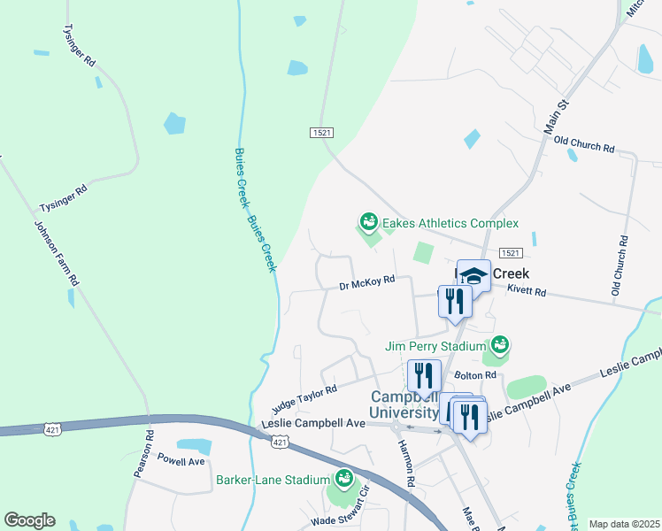 map of restaurants, bars, coffee shops, grocery stores, and more near 130 Parkwood Circle in Lillington