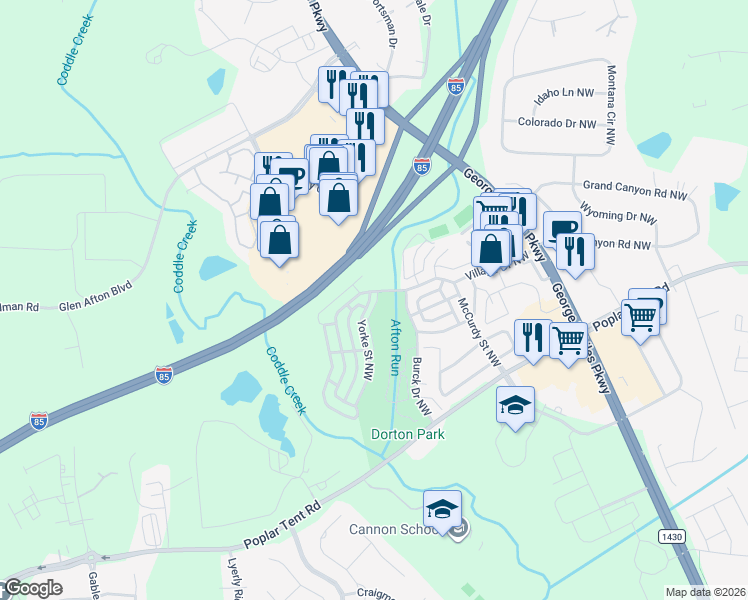 map of restaurants, bars, coffee shops, grocery stores, and more near 5511 Yorke Street Northwest in Concord