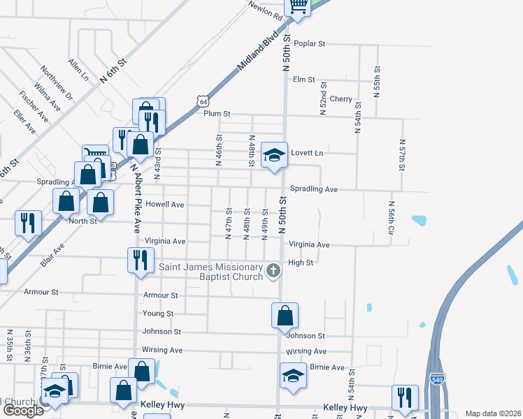 map of restaurants, bars, coffee shops, grocery stores, and more near 3601 North 49th Street in Fort Smith