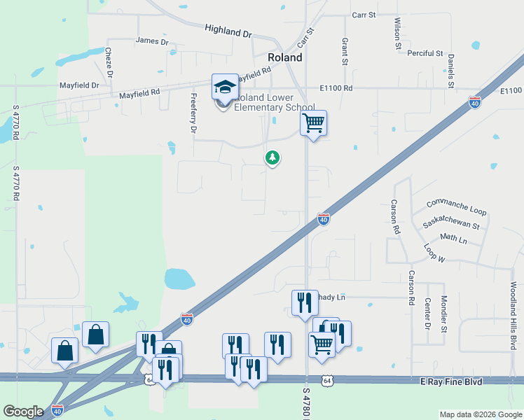 map of restaurants, bars, coffee shops, grocery stores, and more near 378 Creek Street in Roland