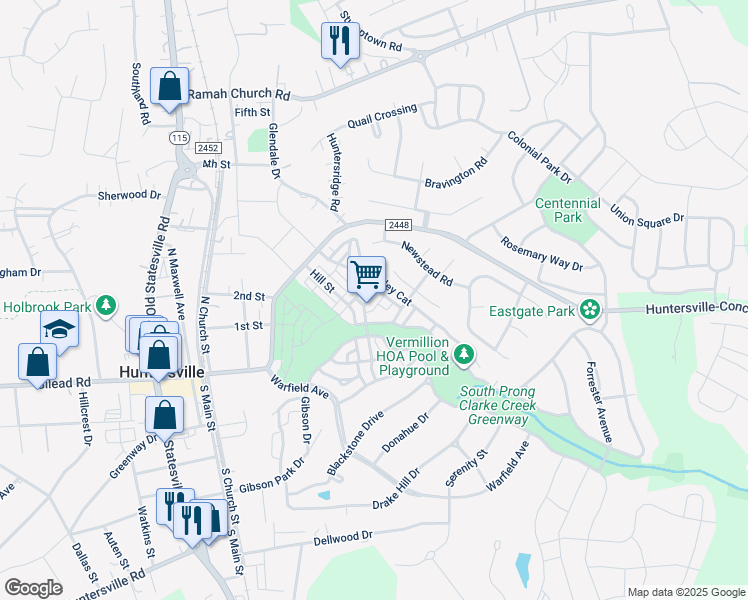 map of restaurants, bars, coffee shops, grocery stores, and more near 13720 Anthea Lane in Huntersville