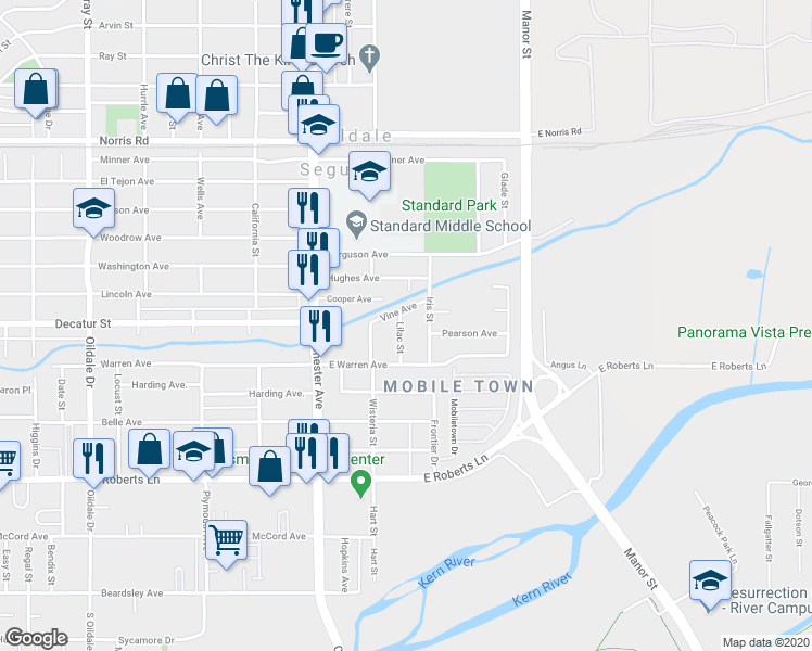 map of restaurants, bars, coffee shops, grocery stores, and more near 716 Lilac Street in Bakersfield