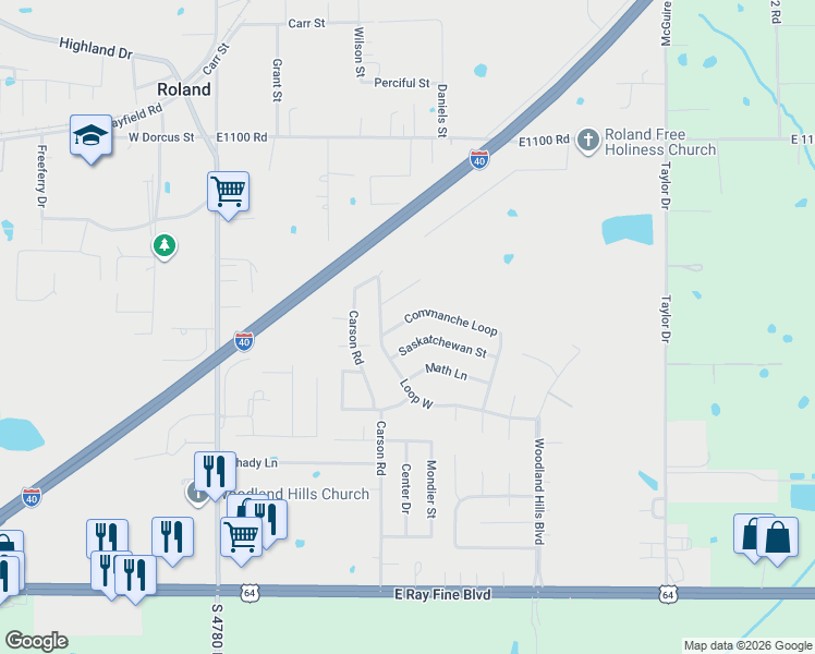 map of restaurants, bars, coffee shops, grocery stores, and more near 109 Commanche Loop in Roland