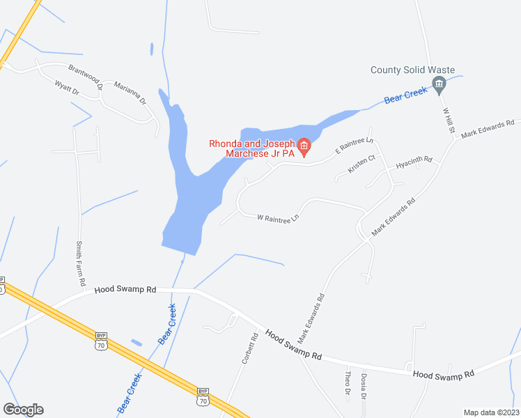 map of restaurants, bars, coffee shops, grocery stores, and more near 126 West Raintree Lane in Goldsboro