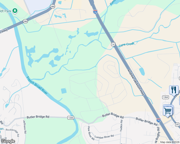 map of restaurants, bars, coffee shops, grocery stores, and more near 329 Tap Root Lane in Fletcher