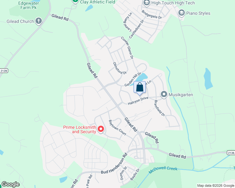 map of restaurants, bars, coffee shops, grocery stores, and more near 3620 Halcyon Drive in Huntersville