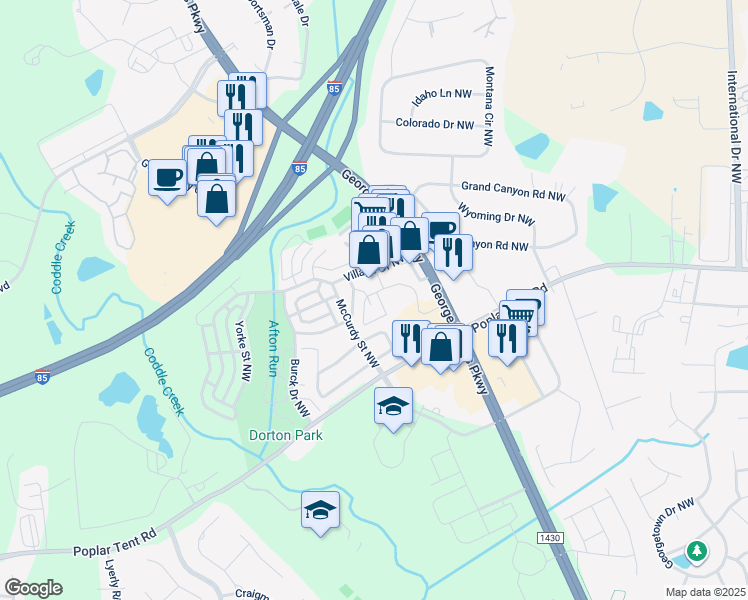 map of restaurants, bars, coffee shops, grocery stores, and more near 5453 Ives Street Northwest in Concord