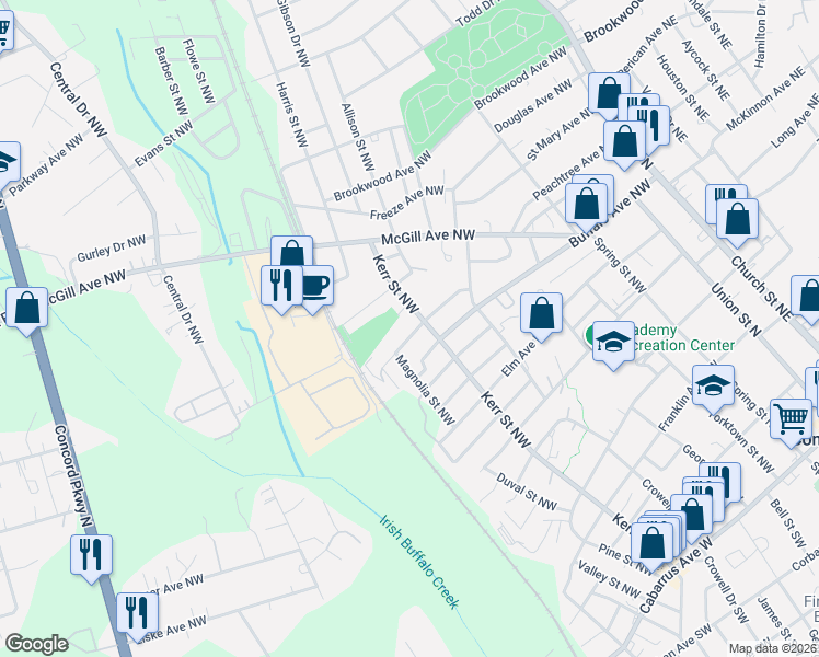 map of restaurants, bars, coffee shops, grocery stores, and more near 266 Moore Drive Northwest in Concord