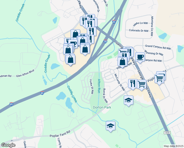 map of restaurants, bars, coffee shops, grocery stores, and more near 5951 Village Drive Northwest in Concord