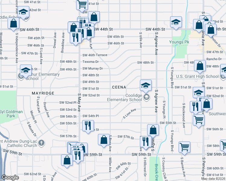 map of restaurants, bars, coffee shops, grocery stores, and more near 5205 South Ross Avenue in Oklahoma City