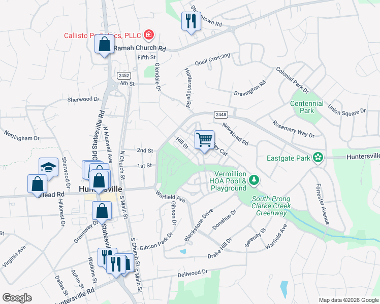 map of restaurants, bars, coffee shops, grocery stores, and more near 13801 Hill Street in Huntersville