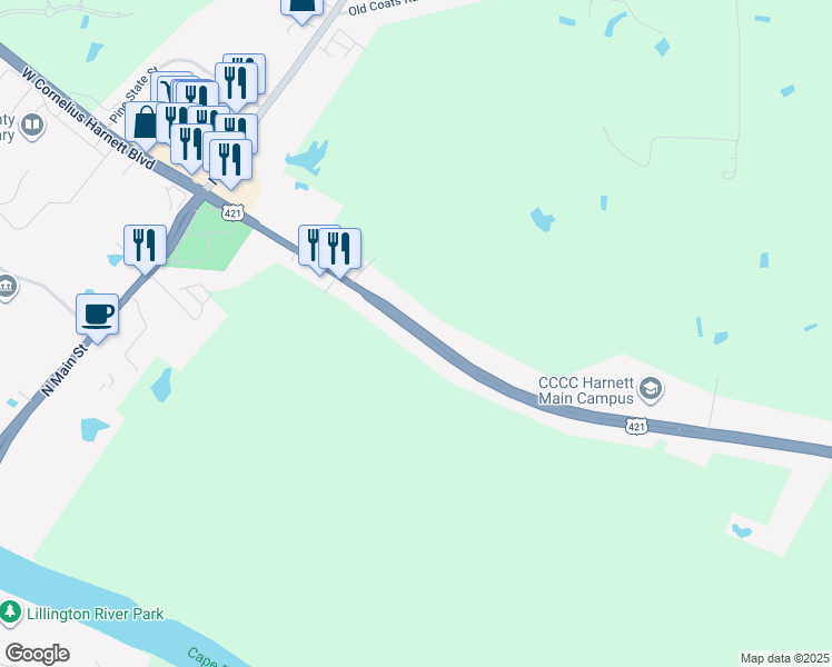 map of restaurants, bars, coffee shops, grocery stores, and more near US Highway 421 in Lillington
