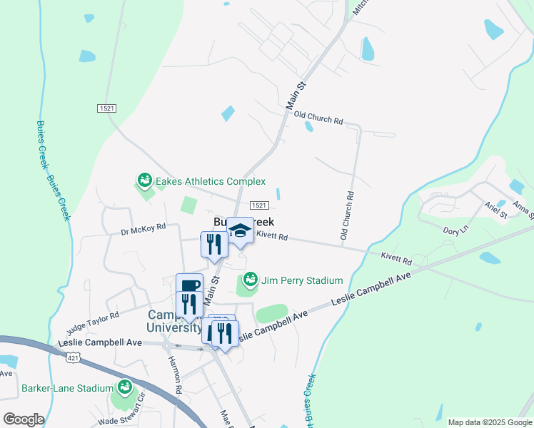 map of restaurants, bars, coffee shops, grocery stores, and more near 128 Brickyard Lane in Lillington