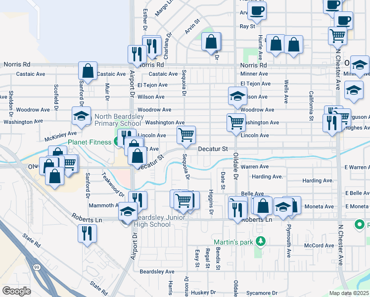 map of restaurants, bars, coffee shops, grocery stores, and more near Decatur Street & Sequoia Drive in Bakersfield