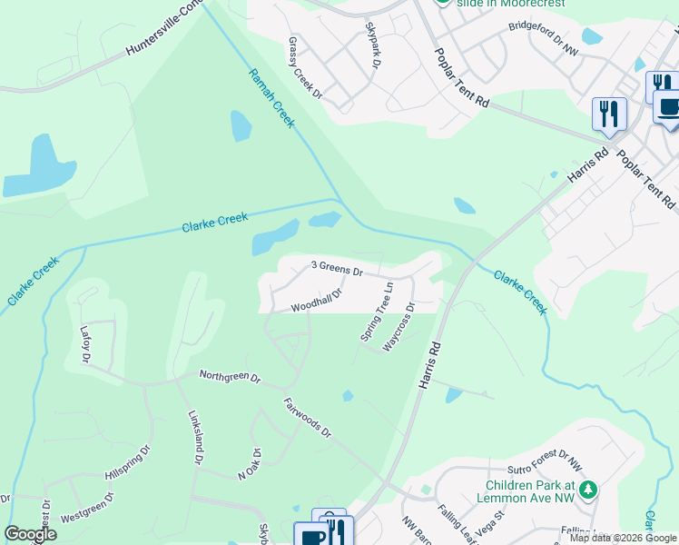 map of restaurants, bars, coffee shops, grocery stores, and more near 1143 Woodhall Drive in Huntersville
