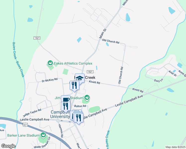 map of restaurants, bars, coffee shops, grocery stores, and more near 110 Brickyard Lane in Lillington