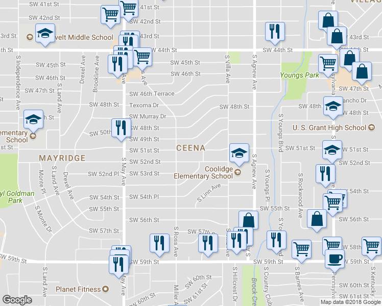 map of restaurants, bars, coffee shops, grocery stores, and more near 2620 Southwest 51st Street in Oklahoma City