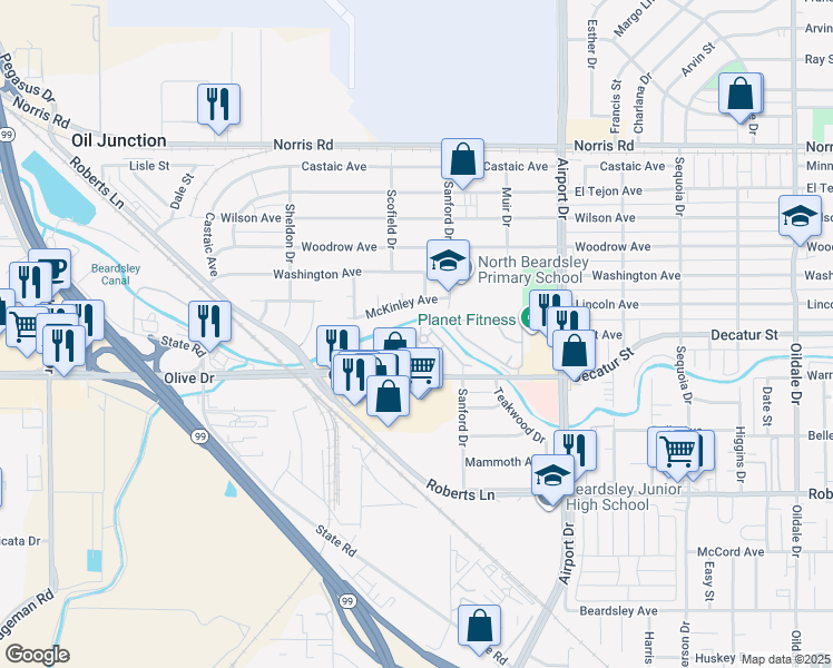 map of restaurants, bars, coffee shops, grocery stores, and more near 1000 Olive Drive in Bakersfield