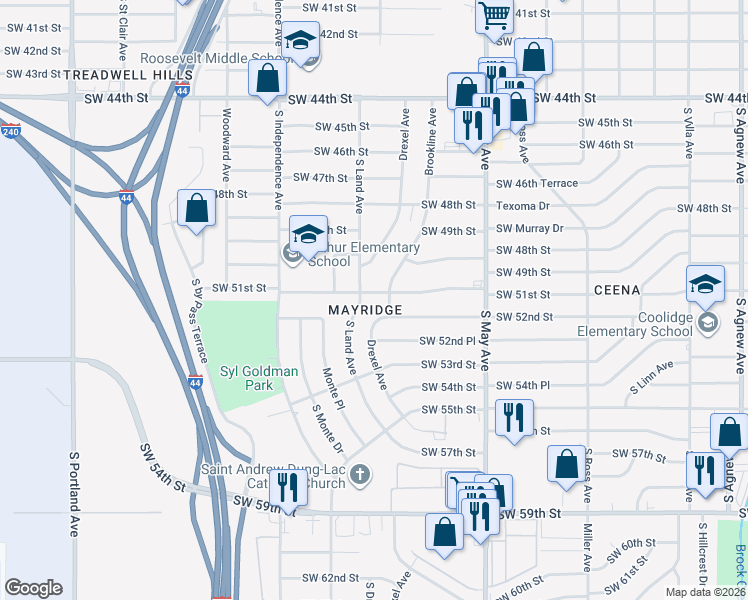 map of restaurants, bars, coffee shops, grocery stores, and more near 3112 Southwest 51st Street in Oklahoma City