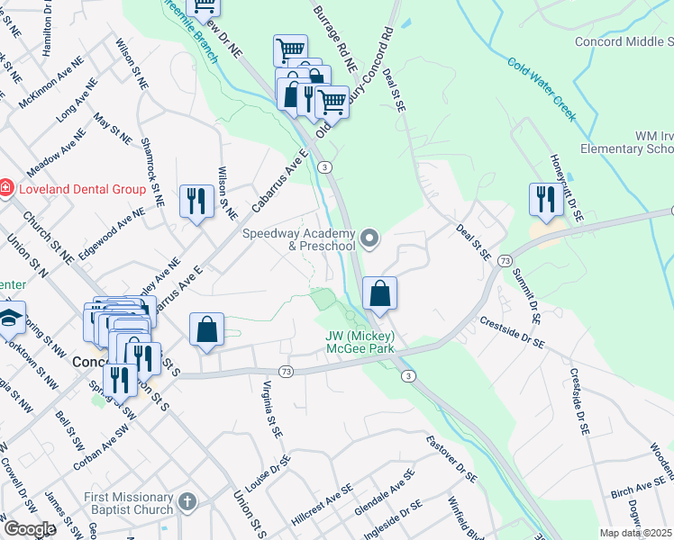 map of restaurants, bars, coffee shops, grocery stores, and more near 345 Valley Brook Lane Southeast in Concord
