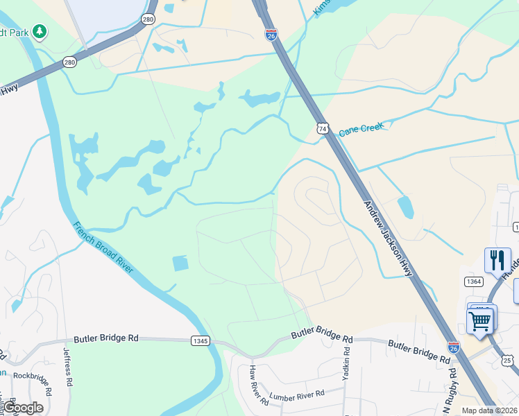 map of restaurants, bars, coffee shops, grocery stores, and more near 329 Tap Root Lane in Fletcher